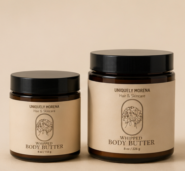 Two jars of 'Uniquely Morena' whipped body butter on a beige background