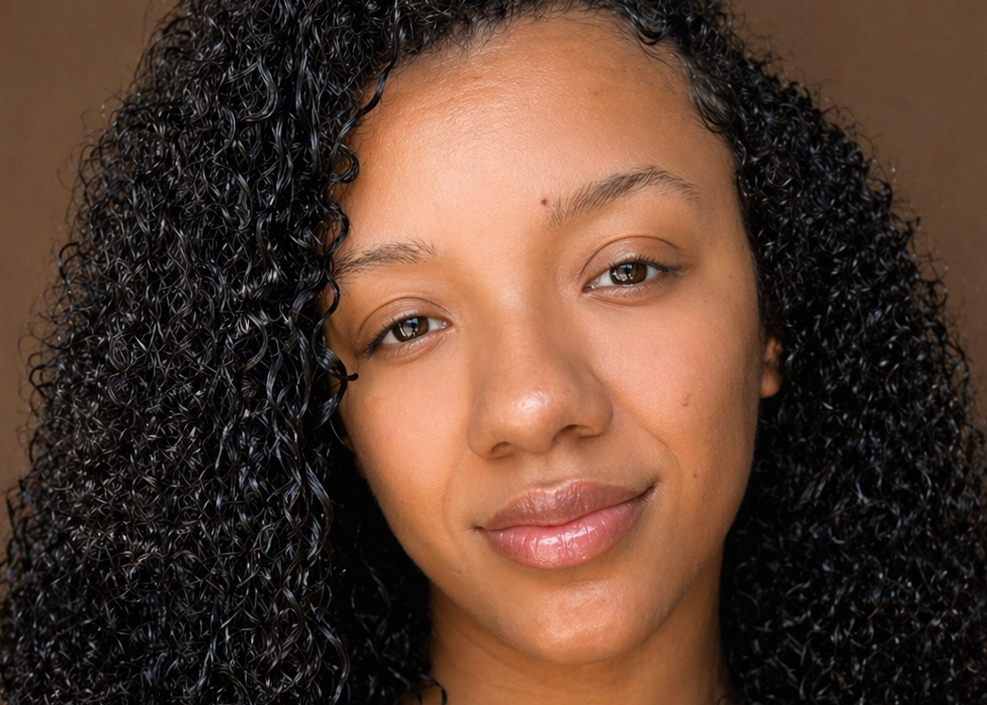Woman with curly hair wearing a white top against a brown background