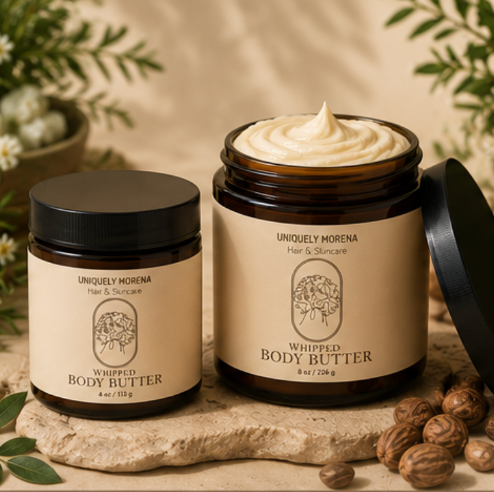 Two jars of Uniquely Morena whipped body butter on a natural stone surface with greenery in the background.