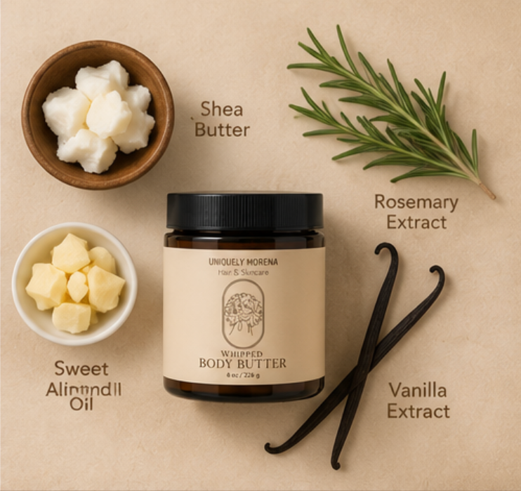 Uniquely Morena whipped body butter with shea butter, rosemary extract, sweet almond oil, vanilla extract, and vanilla beans on a beige background.