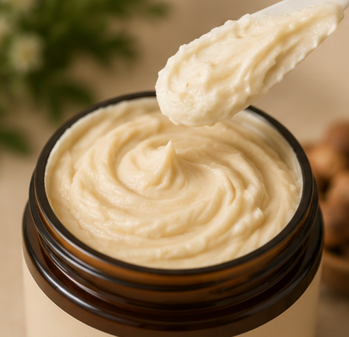 Jar of creamy substance with a spoon lifting some out, blurred greenery in the background